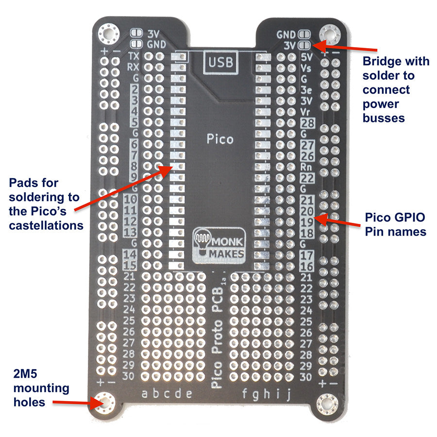 Monk Makes Pico Proto PCB for Raspberry Pi Pico Diagram